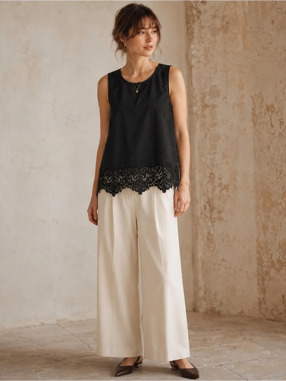 Banana Republic Lace Trim Blouse Black Medium Cotton